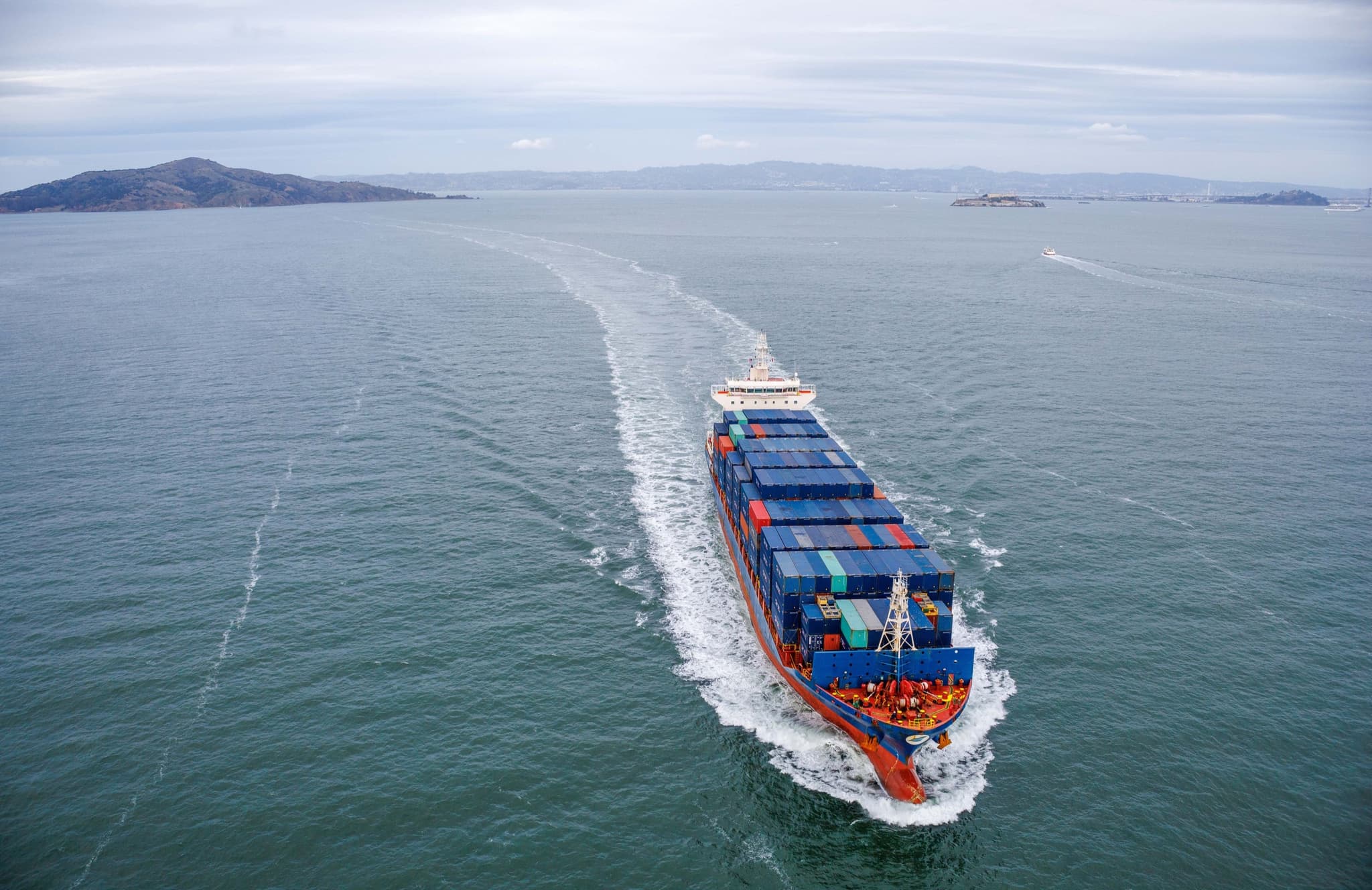 Aerial view of a container ship under way at sea
