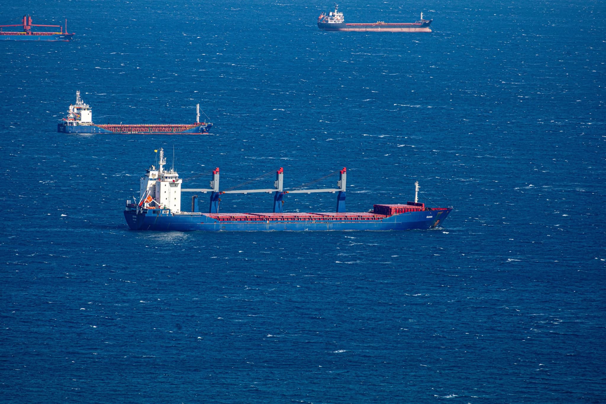 Container ship viewed from above at sea